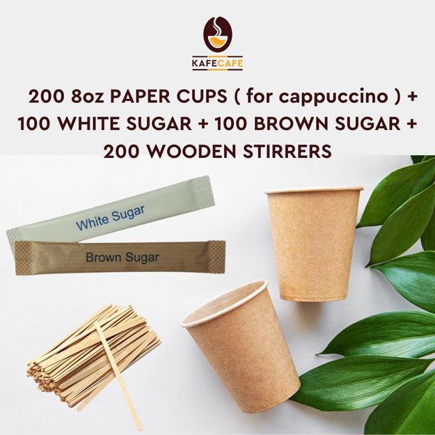 Picture of 200pcs 8oz CUPS + 200 WHITE BROWN & SUGAR + 200 STIRRERS